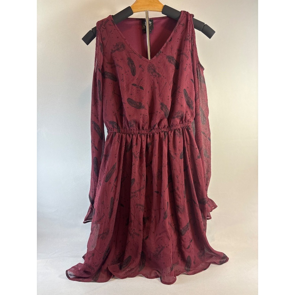 Harry Potter HP Cold Shoulder Burgundy Dress Wizarding Spell Print Size S